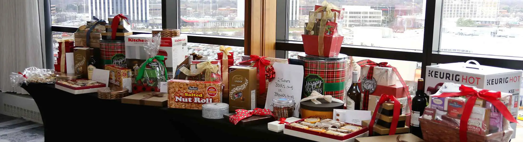 A table full of raffles prizes at the annual PBA Christmas holiday luncheon